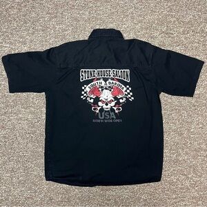 Vintage Stone House Saloon Biker "RIDE'N WIDE OPEN" Button-Up T-Shirt - Men's XL